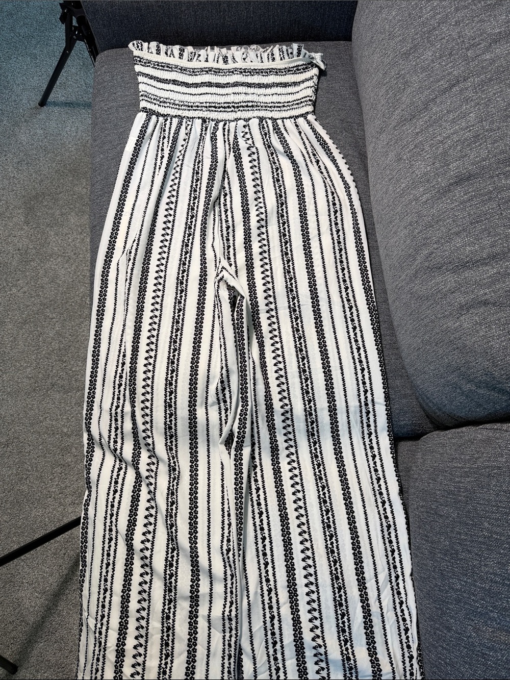 Strapless Black & White Vertical Stripe Smocked Jumpsuit
